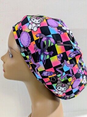 Kuromi, Euro Style Scrub Cap, Scrub Cap, Chemo Hat, Stretchy